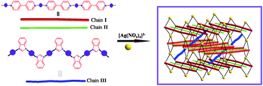 Graphical abstract: An unprecedented supramolecular network with channels filled by 1D coordination polymer chains: Cocrystallization of Ag(i)-4,4′-bipyridine and Ag(i)-benzimidazole complexes