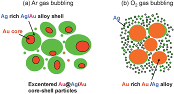 Graphical abstract: Effects of gas bubbling for shape, size, and composition changes in Au–Ag bimetallic nanoparticles including polygonal Au seeds under oil-bath heating at 150 °C