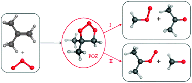 Graphical abstract: A study of the alkene–ozone reactions, 2,3-dimethyl 2-butene + O3 and 2-methyl propene + O3, with photoelectron spectroscopy: measurement of product branching ratios and atmospheric implications