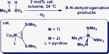 Graphical abstract: Catalytic dehydrogenation of dimethylamine borane by group 4 metallocene alkyne complexes and homoleptic amido compounds