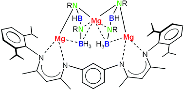 Graphical abstract: Binuclear magnesium amidoborane complexes: characterization of a trinuclear thermal decomposition product