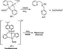 Graphical abstract: Reduction of copper(ii) complexes of tridentate ligands by nitric oxide and fluorescent detection of NO in methanol and water media