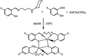 Graphical abstract: The unprecedented preparation of dinuclear zinc(ii) complexes from 4-halido-2-[(3-cyclohexylaminopropylimino)methyl]phenol