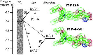 Graphical abstract: Energy levels, charge injection, charge recombination and dye regeneration dynamics for donor–acceptor π-conjugated organic dyes in mesoscopic TiO2 sensitized solar cells