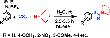 Graphical abstract: Transition metal-free procedure for the synthesis of S-aryl dithiocarbamates using aryl diazonium fluoroborate in water at room temperature