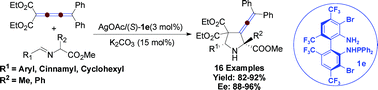 Graphical abstract: Asymmetric construction of 3-vinylidene-pyrrolidine derivatives containing allene moiety viaAg(i)/TF-BiphamPhos-catalyzed 1,3-dipolar cycloaddition of azomethine ylides with diethyl 2-(3,3-diphenylpropa-1,2-dienylidene) malonate