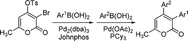 Graphical abstract: Generation of diverse 2-pyrones viapalladium-catalyzed site-selective Suzuki-Miyaura couplings of 3-bromo-4-tosyloxy-2-pyrone