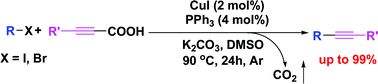 Graphical abstract: Highly effective copper-catalyzed decarboxylative coupling of aryl halides with alkynyl carboxylic acids