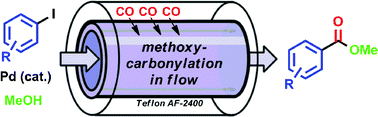 Graphical abstract: Teflon AF-2400 mediated gas–liquid contact in continuous flow methoxycarbonylations and in-line FTIR measurement of CO concentration