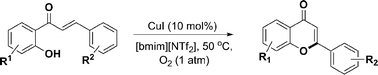 Graphical abstract: Ionic liquid mediated Cu-catalyzed cascade oxa-Michael-oxidation: efficient synthesis of flavones under mild reaction conditions