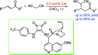 Graphical abstract: Squaramide-catalyzed enantioselective Michael addition of malononitrile to chalcones