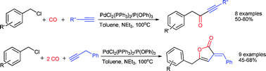 Graphical abstract: Palladium-catalyzed carbonylative coupling of benzyl chlorides with terminal alkynes to give 1,4-diaryl-3-butyn-2-ones and related furanones