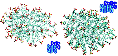 Graphical abstract: A molecular dynamics investigation of structure and dynamics of SDS and SDBS micelles