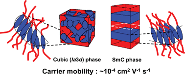Graphical abstract: Charged carrier mobility in the cubic (Ia3d) mesophase of 1,2-bis(4′-n-nonyloxybenzoyl)hydrazine (BABH-9)