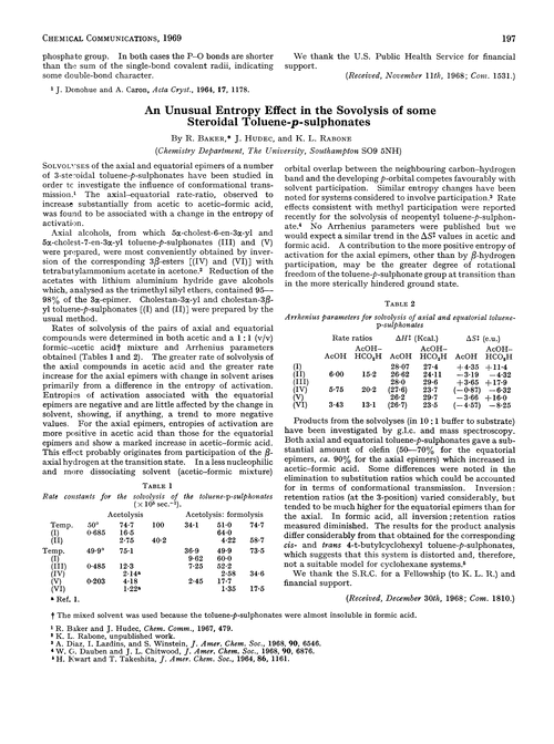 An unusual entropy effect in the sovolysis of some steroidal toluene-p-sulphonates