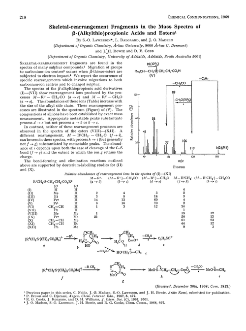Skeletal-rearrangement fragments in the mass spectra of β-(alkylthio)propionic acids and esters
