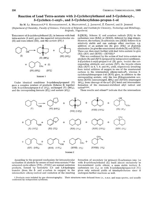 Reaction of lead tetra-acetate with 2-cyclohexylethanol and 3-cyclohexyl-, 3-cyclohex-1-enyl-, and 3-cyclohexylidene-propan-1-ol