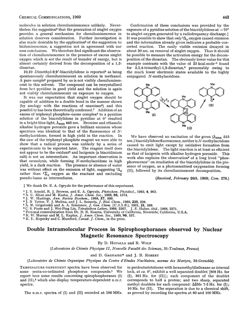 Double intramolecular process in spirophosphoranes observed by nuclear magnetic resonance spectroscopy