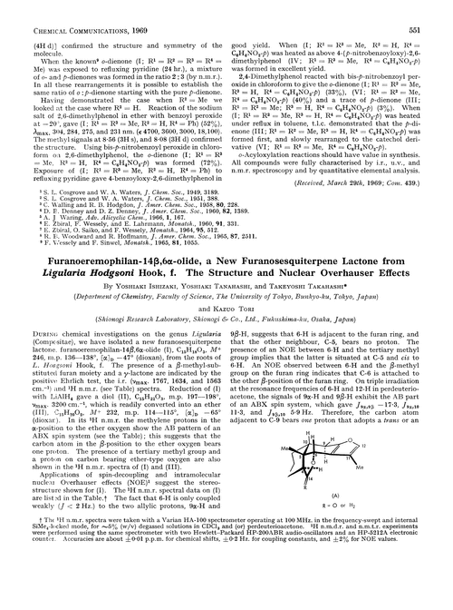 Furanoeremophilan-14β,6α-olide, a new furanosesquiterpene lactone from Ligularia Hodgsoni Hook, f. The structure and nuclear Overhauser effects