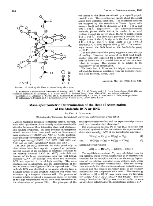 Mass-spectrometric determination of the heat of atomization of the molecule BCN or BNC