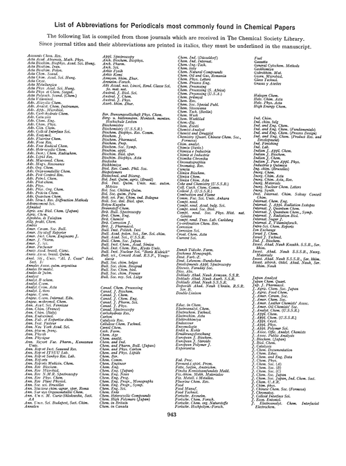 List of abbreviations for periodicals most commonly found in chemical