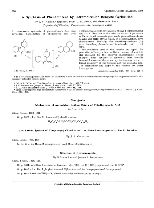 A synthesis of phenanthrene by intramolecular benzyne cyclisation