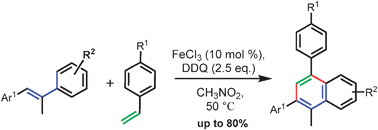 Graphical abstract: Iron-catalysed tandem cross-dehydrogenative coupling (CDC) of terminal allylic C(sp3) to C(sp2) of styrene and benzoannulation in the synthesis of polysubstituted naphthalenes