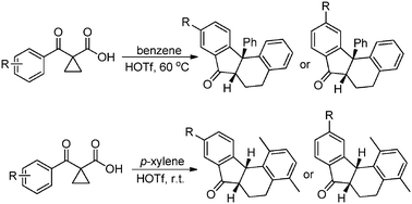 Graphical abstract: HOTf mediated cascade reactions of 1-arenoylcyclopropanecarboxylic acids with arenes