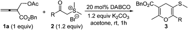 Graphical abstract: Amine-catalyzed formal (3 + 3) annulations of 2-(acetoxymethyl)buta-2,3-dienoate with sulfur ylides: synthesis of 4H-pyrans bearing a vinyl sulfide group
