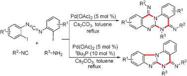 Graphical abstract: Preparation of quinazolino[3,2-a]quinazolines via a palladium-catalyzed three-component reaction of carbodiimide, isocyanide, and amine