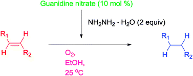 Graphical abstract: Guanidine catalyzed aerobic reduction: a selective aerobic hydrogenation of olefins using aqueous hydrazine