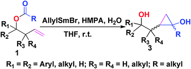 Graphical abstract: Study on the coupling of acyclic esters with alkenes – the synthesis of 2-(2-hydroxyalkyl)cyclopropanols via cascade cyclization using allylsamarium bromide