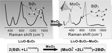 Graphical abstract: Structural investigation of Li2O–B2O3–MoO3 glasses and high-temperature solutions: toward understanding the mechanism of flux-induced growth of lithium triborate crystal