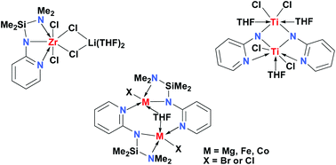 Graphical abstract: Metal (Mg, Fe, Co, Zr and Ti) complexes derived from aminosilyl substituted aminopyridinato ligand: synthesis, structures and ethylene polymerization behaviors of the group 4 complexes