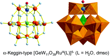 Graphical abstract: Determination of α-Keggin structure of [GeW11O39RuIII(H2O)]5−. Reaction of [GeW11O39RuIII(H2O)]5− with dimethyl sulfoxide to form [GeW11O39RuIII(dmso)]5− and their structural characterization