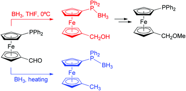 Graphical abstract: Selective borane reduction of phosphinoferrocene carbaldehydes to phosphinoalcohol–borane adducts. The coordination behaviour of 1-(diphenylphosphino)- 1′-(methoxymethyl)ferrocene, a new ferrocene O,P-hybrid donor prepared from such an adduct