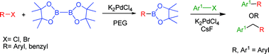 Graphical abstract: Palladium nanoparticle catalysis: borylation of aryl and benzyl halides and one-pot biaryl synthesis via sequential borylation-Suzuki–Miyaura coupling