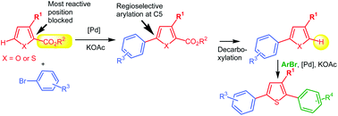 Graphical abstract: Ester as a blocking group for palladium-catalysed direct forced arylation at the unfavourable site of heteroaromatics: simple access to the less accessible regioisomers