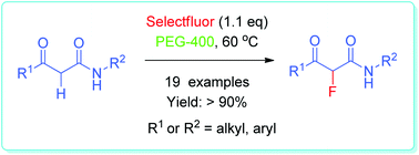 Graphical abstract: Catalyst-free and highly selective electrophilic mono-fluorination of acetoacetamides: facile and efficient preparation of 2-fluoroacetoacetamides in PEG-400