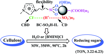 Graphical abstract: Ionic liquid-functionalized biochar sulfonic acid as a biomimetic catalyst for hydrolysis of cellulose and bamboo under microwave irradiation