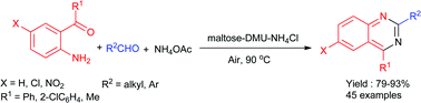 Graphical abstract: Catalyst-free synthesis of quinazoline derivatives using low melting sugar–urea–salt mixture as a solvent