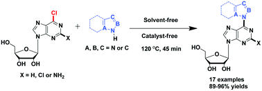 Graphical abstract: Synthesis of C6-azolyl purine nucleosides via C–N coupling reaction of unprotected 6-chloropurine nucleosides and N-heterocycles under catalyst- and solvent-free conditions