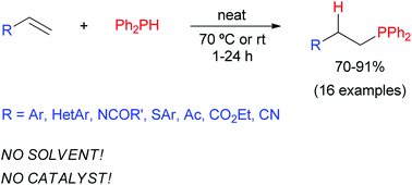 Graphical abstract: Solvent- and catalyst-free regioselective hydrophosphanation of alkenes