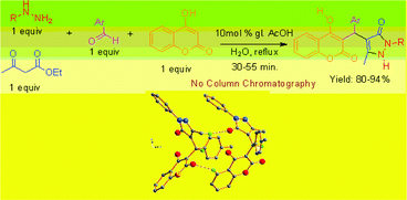 Graphical abstract: Design and synthesis of benzylpyrazolyl coumarin derivatives via a four-component reaction in water: investigation of the weak interactions accumulating in the crystal structure of a signified compound