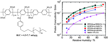Graphical abstract: Synthesis and characterization of poly(para-phenylene disulfonic acid), its copolymers and their n-alkylbenzene grafts as proton exchange membranes: high conductivity at low relative humidity