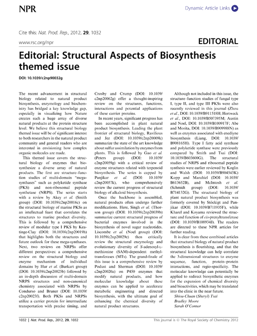 Editorial: Structural Aspects of Biosynthesis themed issue