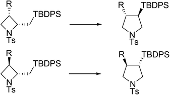 Graphical abstract: A smooth rearrangement of N-p-toluenesulfonyl 2-tert-butyldiphenylsilylmethyl-substituted azetidines into N-p-toluenesulfonyl 3-tert-butyldiphenylsilyl-substituted pyrrolidines