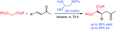 Graphical abstract: Simple chiral sulfonamide primary amine catalysed highly enantioselective Michael addition of malonates to enones
