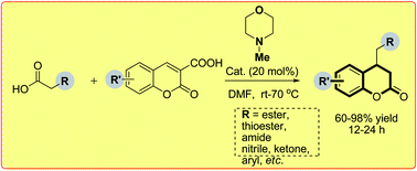 Graphical abstract: Facile synthesis of 4-substituted 3,4-dihydrocoumarins via an organocatalytic double decarboxylation process