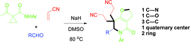 Graphical abstract: Multi-component anion relay cascade of 1-acetylcyclopropanecarboxamides, aldehydes and acrylonitrile: access to biscyanoethylated furo[3,2-c]pyridinones